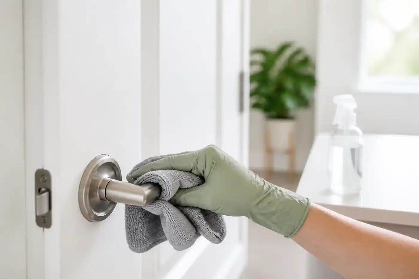 Disinfecting a door handle with a gloved hand and a cloth