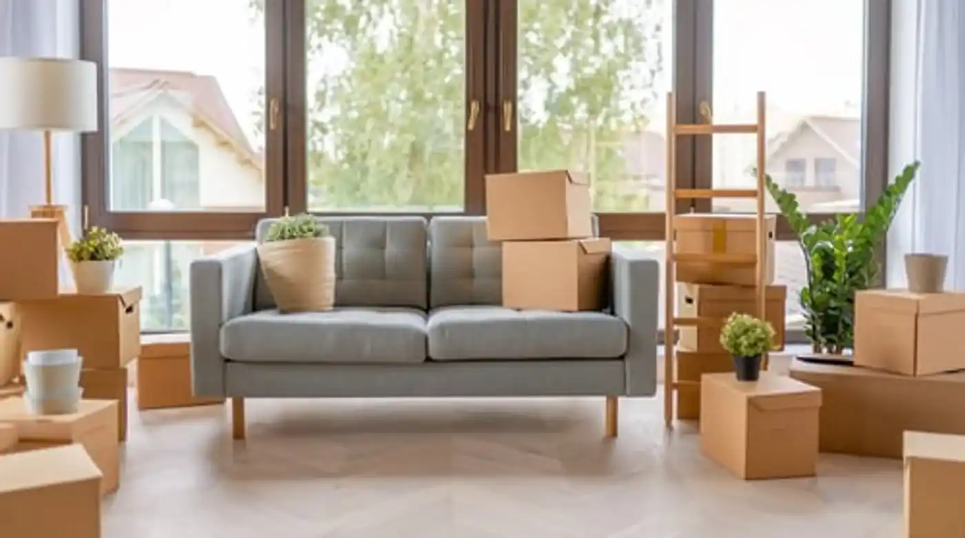 Living room with packed moving boxes ready for a move-out clean