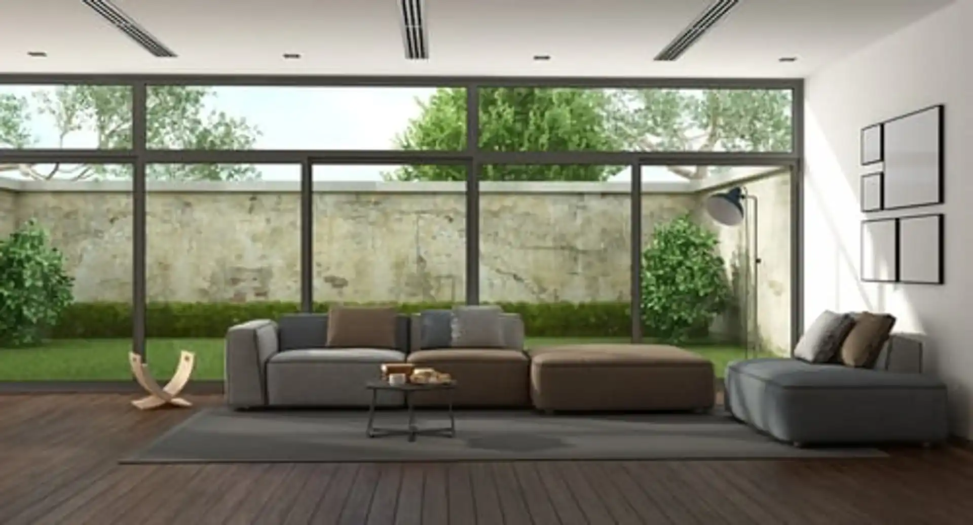 Spotless modern living room with floor-to-ceiling windows after a professional clean