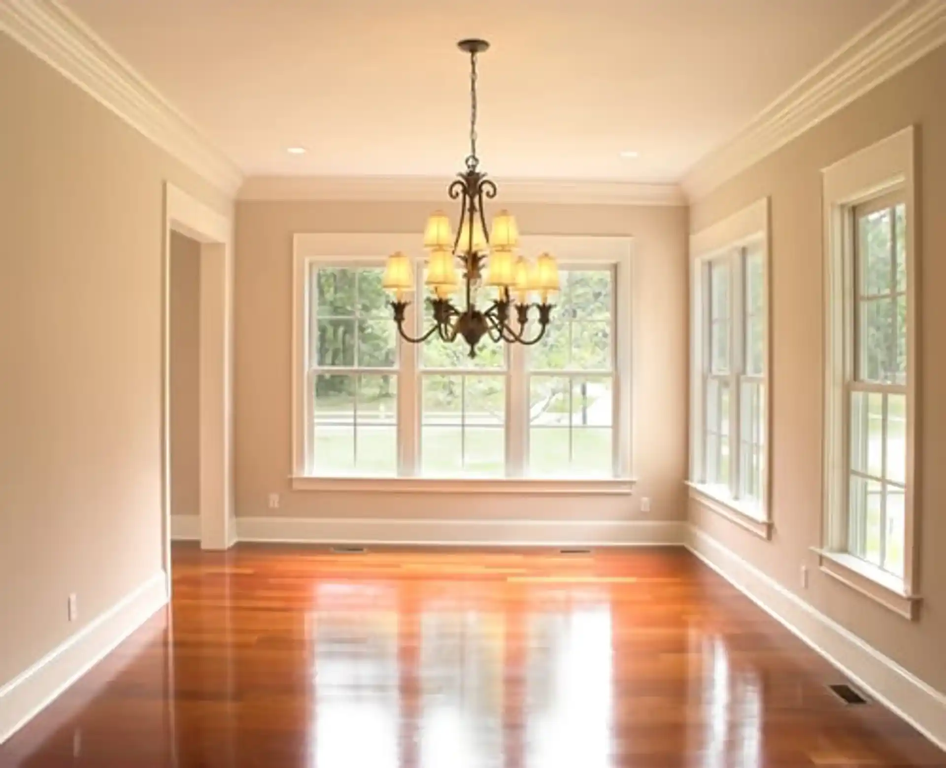 Bright, spotless dining room with hardwood floors and natural light